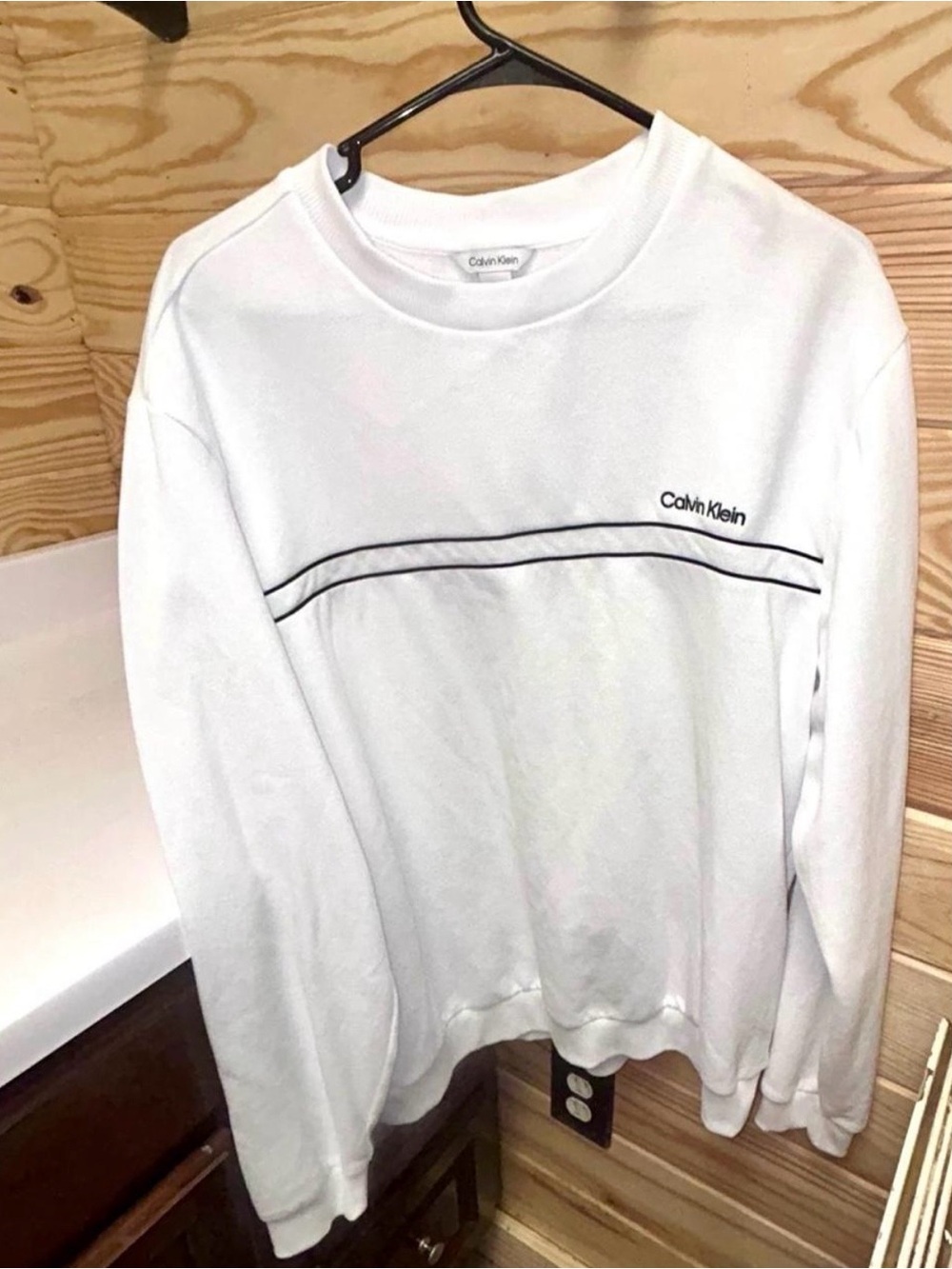 Calvin Klein White Crewneck Sweatshirt with Black Double Stripe